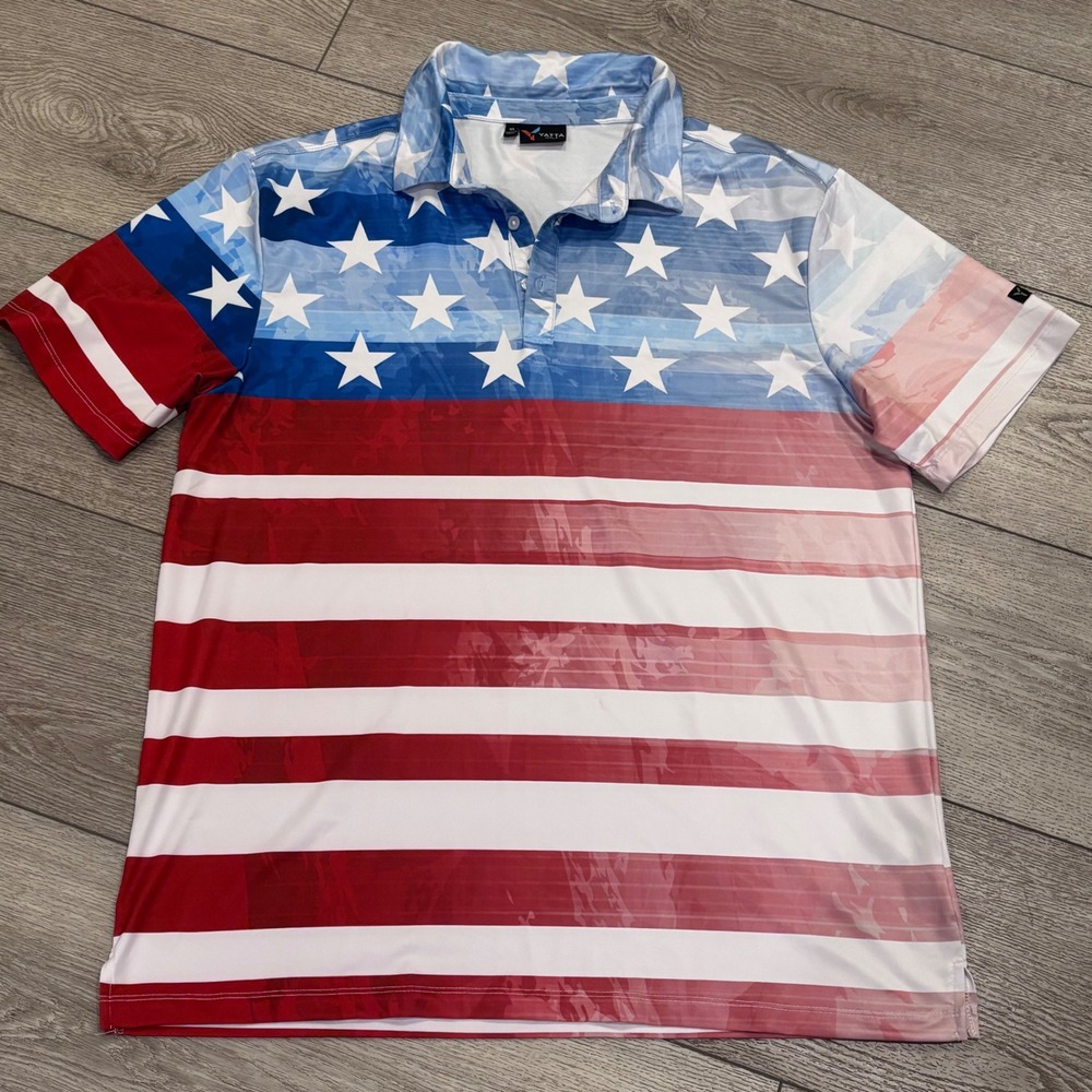 Yatta Golf Polo Shirt Mens XL Red White Blue American Flag Stars Stripes Preppy